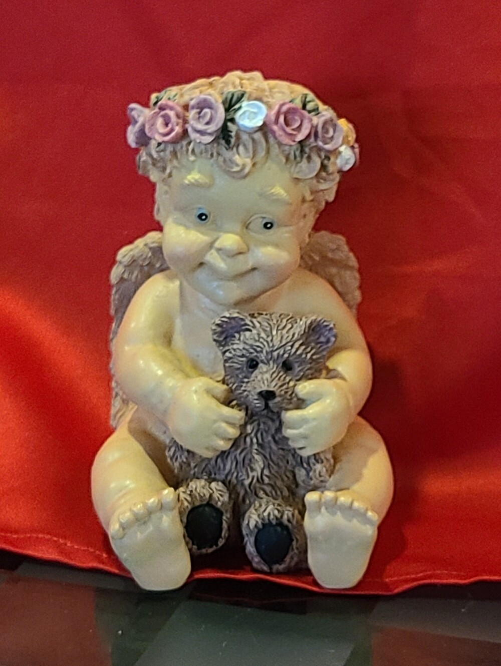 Vintage Cherub Figurine with Pink Floral Crown and Brown Teddy